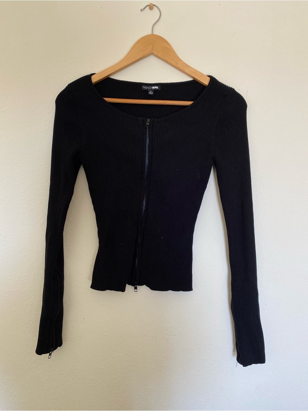 Fashion Nova Black Ribbed Zip-Up Long Sleeve Top